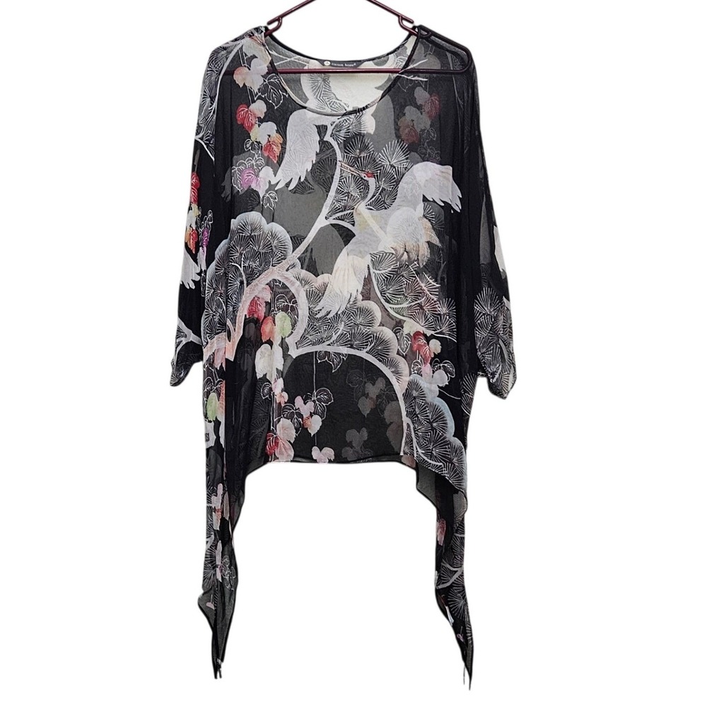 Cocoon House Silk Poncho Womens L/XL Black Crane Floral Sheer Kimono Top